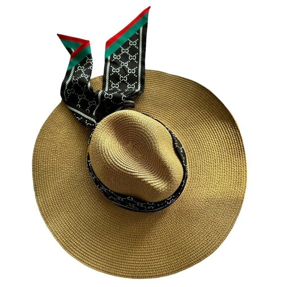 Odiva Summer Hat Khaki Stripe Pattern Band Straw Sun Hat - Picture 3 of 16